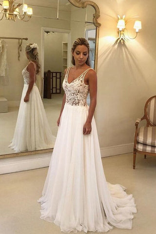 Open Back V-neck Lace Chiffon Wedding Dress