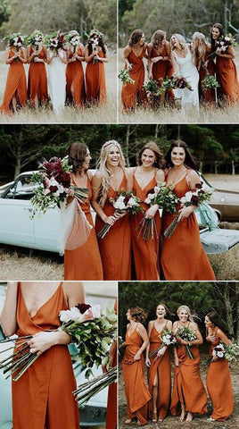 Baoleely Simple Sleeveless V Neck Burnt Orange Bridesmaid Dresses