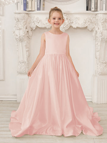 A-Line Princess Sleeveless Satin Flower Girl Dress with Sweep Train and Bow