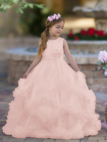 A-line Satin Tulle Floor-length Cascading Ruffles Flower Girl Dress