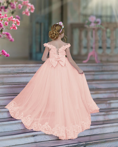 Ball-Gown/Princess Lace Sweep Train Pink Birthday Dress