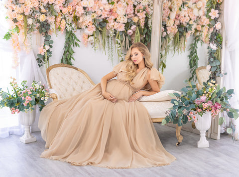 Puff Sleeve Maternity Dresses For Baby Shower Chiffon Maternity Dress