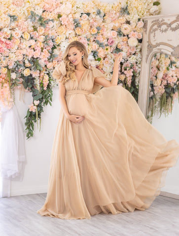 Puff Sleeve Maternity Dresses For Baby Shower Chiffon Maternity Dress