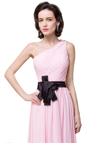 Pink A-line One-shoulder Ruffle Chiffon Bridesmaid Dresses