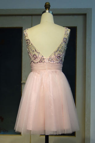 Pink Crystal Beading A-line Short Scoop SleevelessProm Dresses