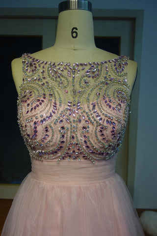 Pink Crystal Beading A-line Short Scoop SleevelessProm Dresses