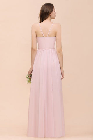 Pink Girls Bridesmaid Dress Halter Floor Length Chiffon Beach Wedding Party Dress