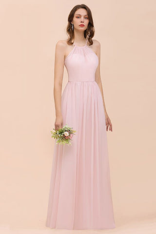 Pink Girls Bridesmaid Dress Halter Floor Length Chiffon Beach Wedding Party Dress
