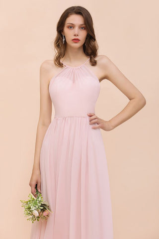 Pink Girls Bridesmaid Dress Halter Floor Length Chiffon Beach Wedding Party Dress