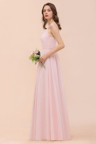 Pink Girls Bridesmaid Dress Halter Floor Length Chiffon Beach Wedding Party Dress
