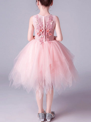 Pink Short A-Line Tulle Jewel Neck Pageant Flower Girl Dresses
