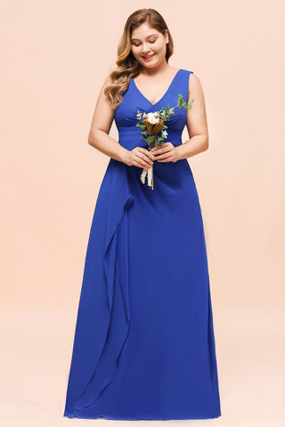 Plus Size Chiffon Sleeveless Royal Blue Bridesmaid  Dress V-neck Simple Wedding Dress