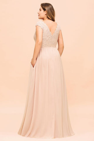 Plus Size Lace Pearl Pink Bridesmaid Dress Short Sleeves Side Split Wedding Party Dress