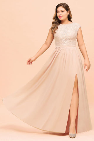 Plus Size Lace Pearl Pink Bridesmaid Dress Short Sleeves Side Split Wedding Party Dress