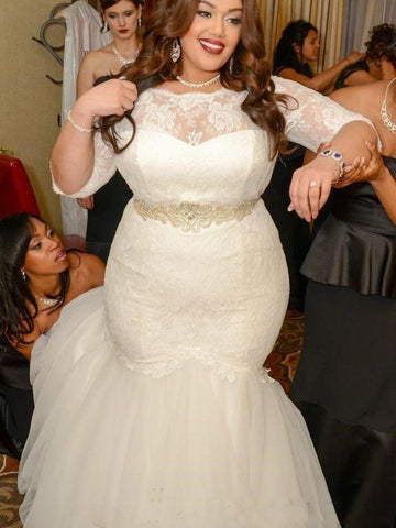 Plus Size Long Mermaid Tulle Lace Wedding Dresses with Sleeves