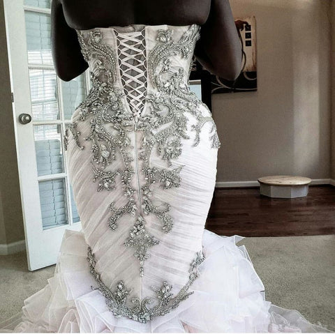 Plus Size Mermaid Crystal Lace Beads Sweetheart Long Train African Custom Made Ruffless Wedding Dress