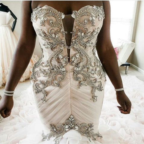 Plus Size Mermaid Crystal Lace Beads Sweetheart Long Train African Custom Made Ruffless Wedding Dress
