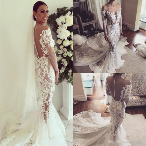 Pretty Pretty Mermaid Lace Appliques Long Sleeves Sheer Tulle Elegant Wedding Dresses