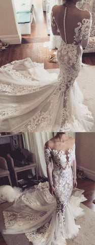 Pretty Pretty Mermaid Lace Appliques Long Sleeves Sheer Tulle Elegant Wedding Dresses