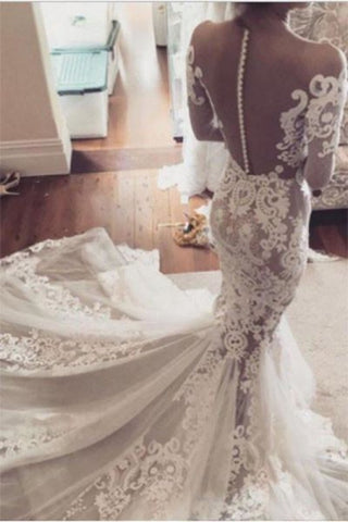 Pretty Pretty Mermaid Lace Appliques Long Sleeves Sheer Tulle Elegant Wedding Dresses