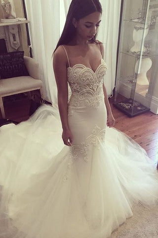 Pretty Spaghetti-Straps Sweetheart Wedding Dress Summer Sheath Tulle Bridal Gown