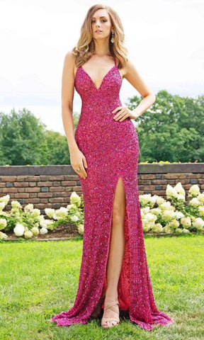 Sparkling Allover Sequin V Neck Sheath Gown