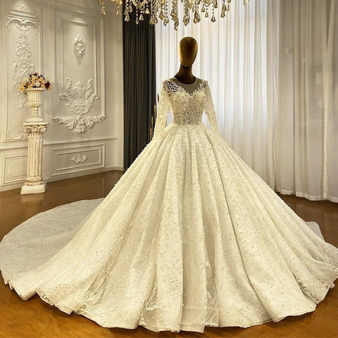 Princess Elegant A-line Long Sleeves Lace Wedding Dress With Train