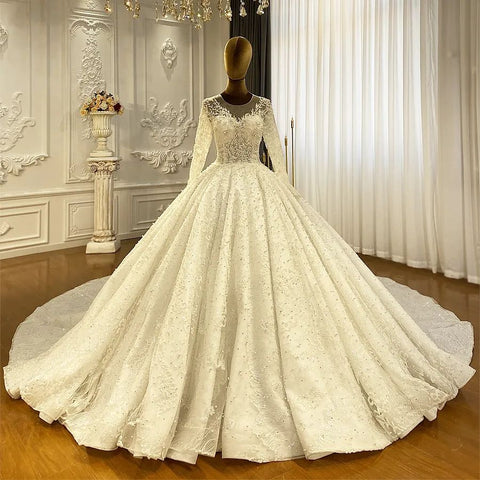 Princess Elegant A-line Long Sleeves Lace Wedding Dress With Train
