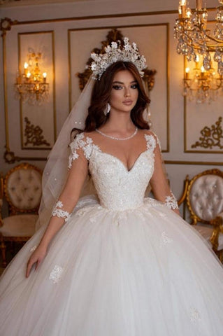 Princess Long A-line V-neck Lace Wedding Dresses With Long Sleeves