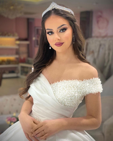 Princess Long White A-line Off-the-shoulder Wedding Dress With Pearls