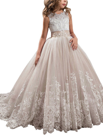 Princess Sleeveless Jewel Neck Pageant Flower Girl Dresses With Bow
