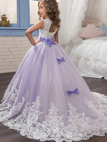 Princess Sleeveless Jewel Neck Pageant Flower Girl Dresses With Bow