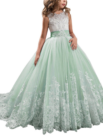 Princess Sleeveless Jewel Neck Pageant Flower Girl Dresses With Bow