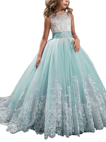 Princess Sleeveless Jewel Neck Pageant Flower Girl Dresses With Bow