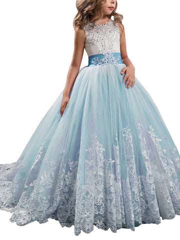 Princess Sleeveless Jewel Neck Pageant Flower Girl Dresses With Bow