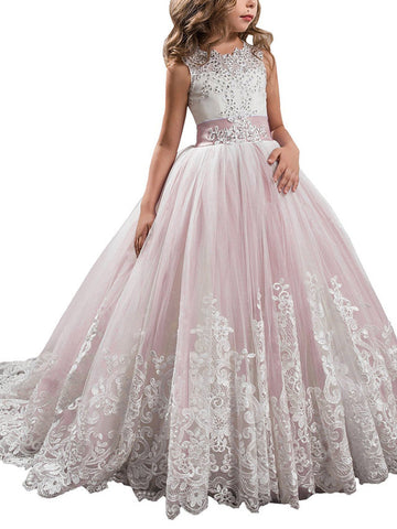 Princess Sleeveless Jewel Neck Pageant Flower Girl Dresses With Bow