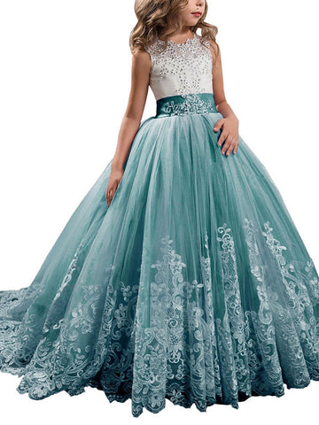 Princess Sleeveless Jewel Neck Pageant Flower Girl Dresses With Bow