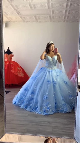 Robe de bal bleu clair pour quinceañera, ornée de fleurs, épaules dénudées, applications de dentelle, perles de cristal et fleurs 3D, manches longues, robe Sweet 16 Y759