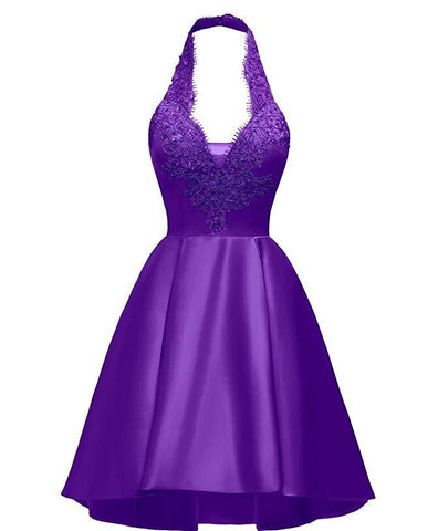 Vestido de fiesta morado con escote halter en V profundo, apliques de satén, espalda descubierta, plisado, corte en A, modelo Y854