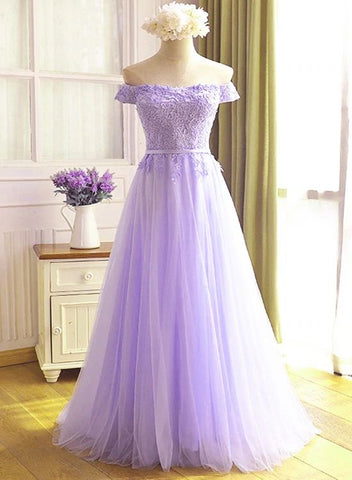 Robe de bal longue trapèze en tulle violet clair à épaules dénudées, ornée d'appliqués de dentelle Y918