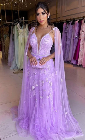 A-line Lavender Lace Tulle Prom Dress Charming A-line Evening Dress Y1022