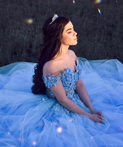 Robe de bal bleue en tulle, épaules dénudées, style « pays des merveilles hivernales », Y1092