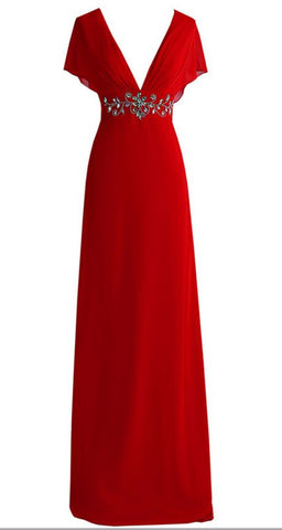 Robe de soirée rouge sexy à décolleté plongeant en V, dos en mousseline orné de cristaux, modèle Y1005