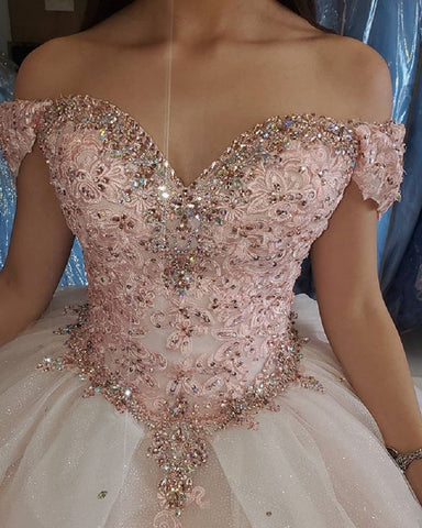 Vestido de quinceañera rosa rubor, estilo bob, con hombros descubiertos, adornado con cuentas y cristales, de tul rosa claro, estilo princesa, modelo S27021