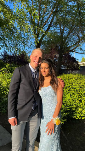 Vestido de noche largo de sirena azul bebé de encaje con tirantes finos Y1733