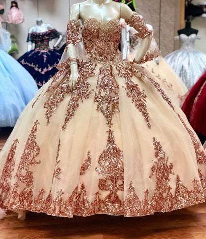 Robe de bal à paillettes et appliques scintillantes pour quinceañera, manches amovibles, décolleté cœur Y526