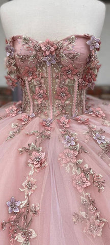 Vestido de gala rosa con apliques florales de tul para quinceañera Y527