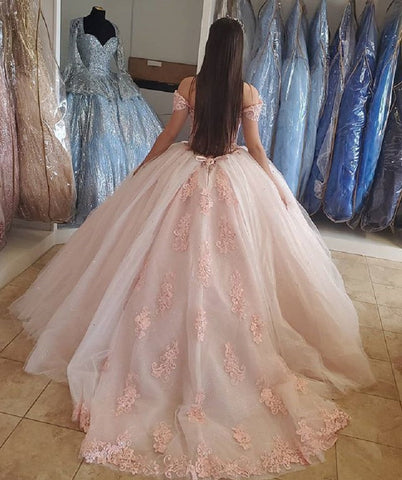 Vestido de quinceañera rosa rubor, estilo bob, con hombros descubiertos, adornado con cuentas y cristales, de tul rosa claro, estilo princesa, modelo S27021