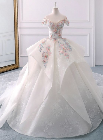 Impresionante vestido de novia de encaje con escote palabra de honor y flores Y1145