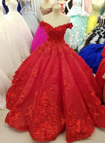 Robe de bal rouge luxueuse à épaules dénudées, ornée de fleurs 3D, robe de quinceañera Y1217
